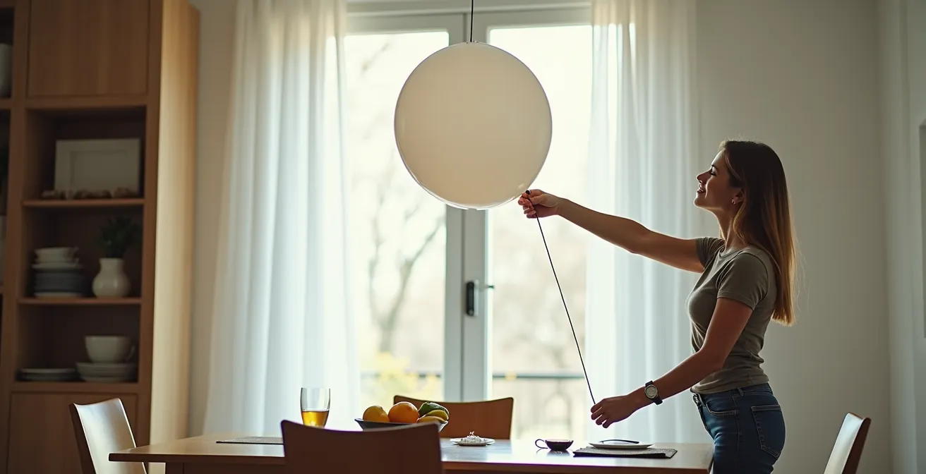 Personne utilisant un ballon gonflé pour tester visuellement la hauteur idéale d'un lustre au-dessus d'une table
