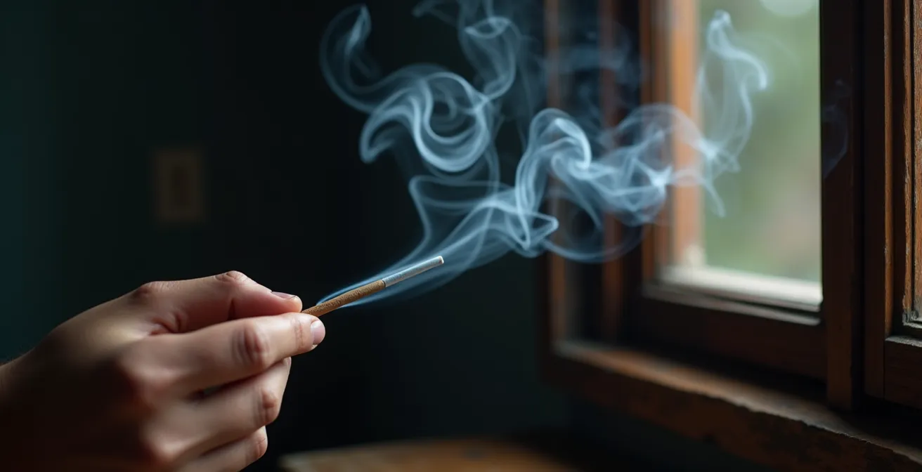Main tenant un bâton d'encens fumant près d'une fenêtre pour détecter les infiltrations d'air froid