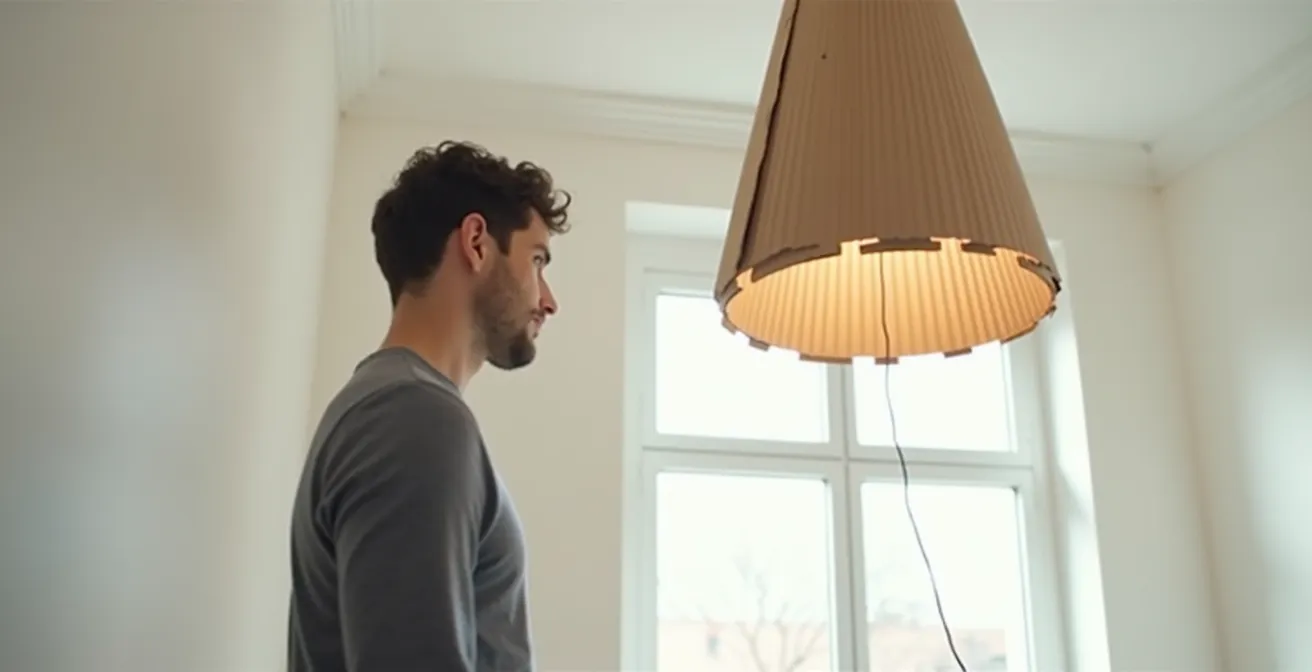 Personne de grande taille passant sous une maquette en carton d'un lustre suspendu pour vérifier la hauteur de passage