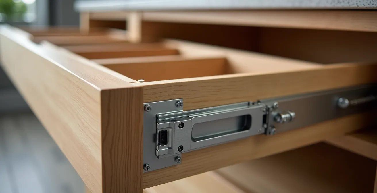 Gros plan sur un système de tiroirs coulissants à extension totale sous un escalier en bois