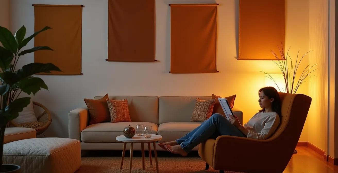 Salon transformé avec des panneaux de tissu colorés et un éclairage d'ambiance chaleureux