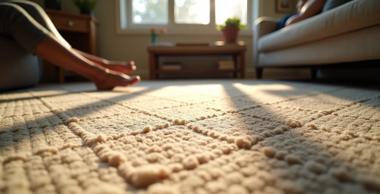 Salon transformé avec un grand tapis comme point d'ancrage central