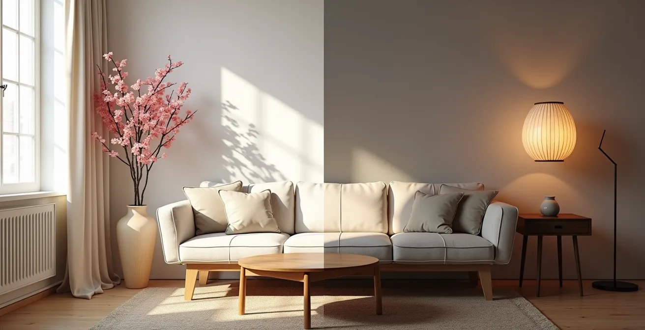 Salon scandinave avec ajout d'éléments japonais comme une lanterne en papier de riz et branches de cerisier