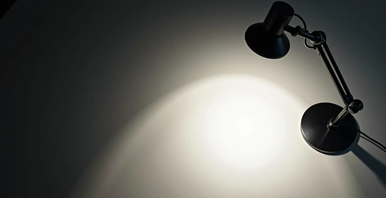 Démonstration du positionnement optimal d'une lampe de bureau selon la règle du triangle d'ombre