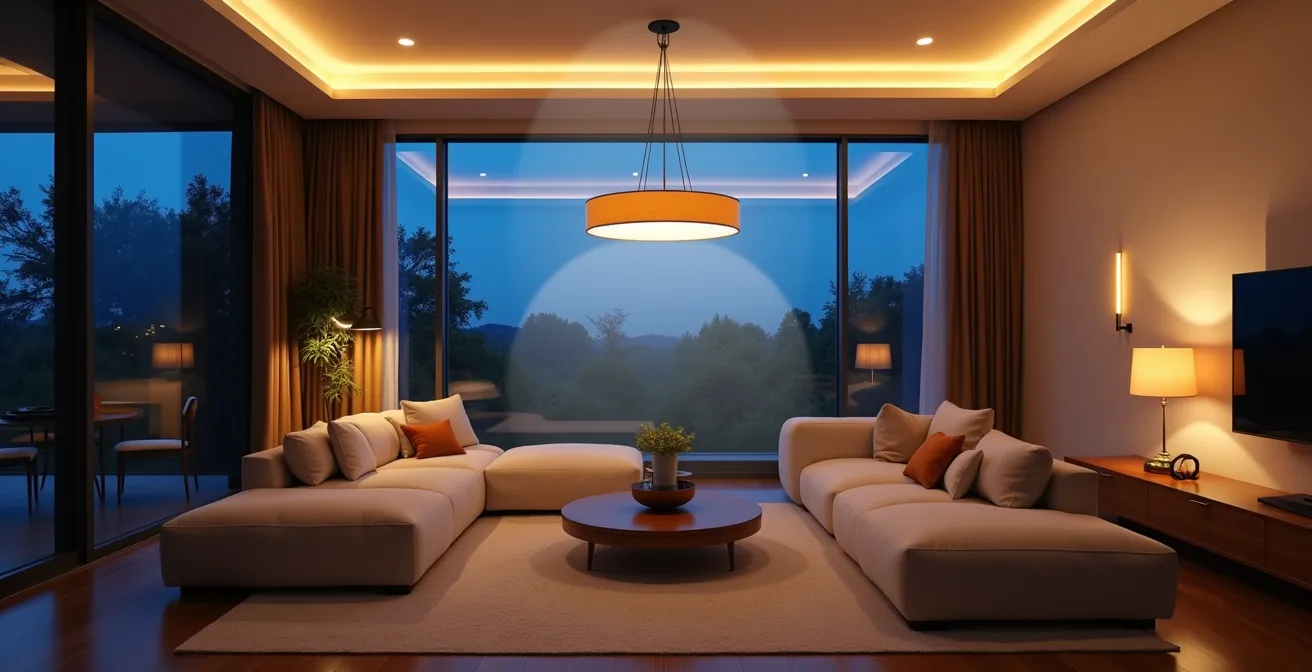 Salon moderne montrant les trois niveaux d'éclairage avec lustre central, lampes de table et appliques murales éclairant vers le haut