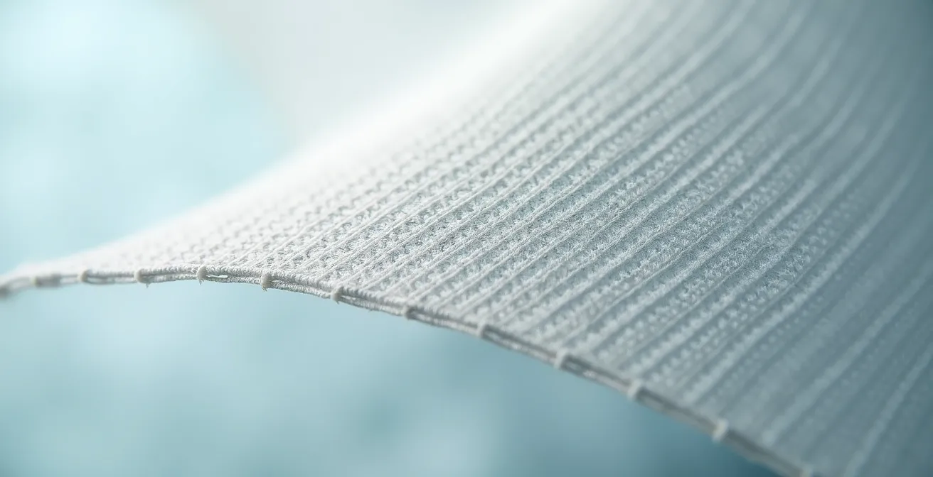 Vue macro détaillée du tissu micro-perforé d'une voile d'ombrage tendue montrant la structure ajourée